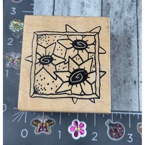 Magenta Trio Flowers Spots Framed Design Rubber Stamp Wood #Q79